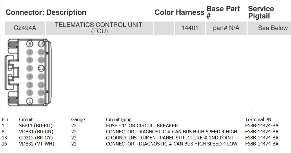 Ford Maverick NJ6T-14G229-BB connector TCU C2494A Pinout - 16 Position Connector