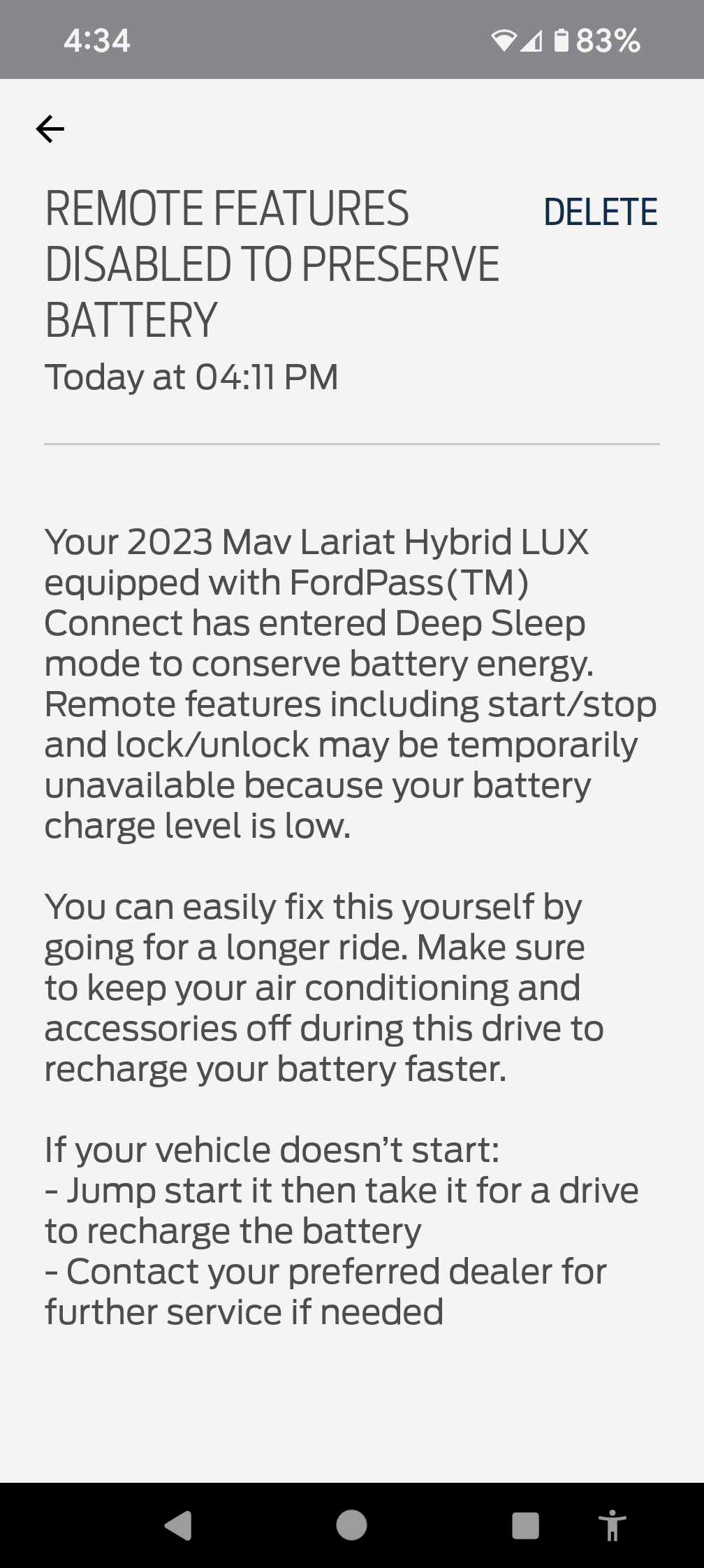 Ford Maverick 2023 Model Year - Anyone experiencing 12v battery drain issues? FordPass Deep Sleep Alert Dec 3 2023 4-11pm 4236892653948617742