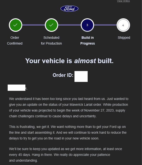 Ford Maverick 2024 truck seems built, but Ford says "almost built." 1701989733380