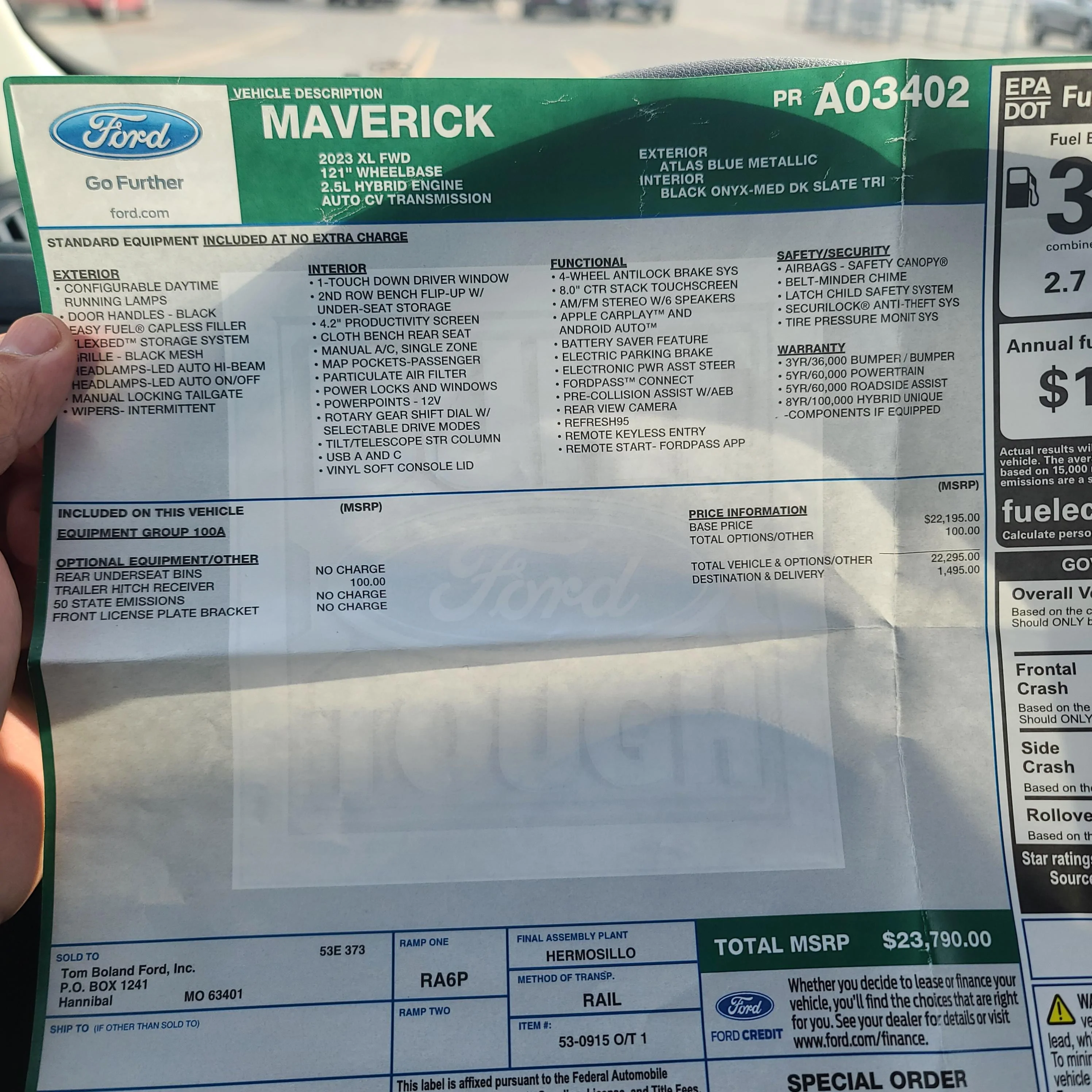 Ford Maverick Price hike on 2024 Maverick XL - $415 20230206_132647