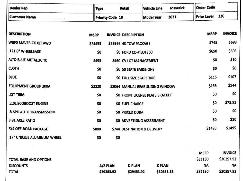 Ford Maverick X-plan not listed on window sticker 23 Mav plan pricing