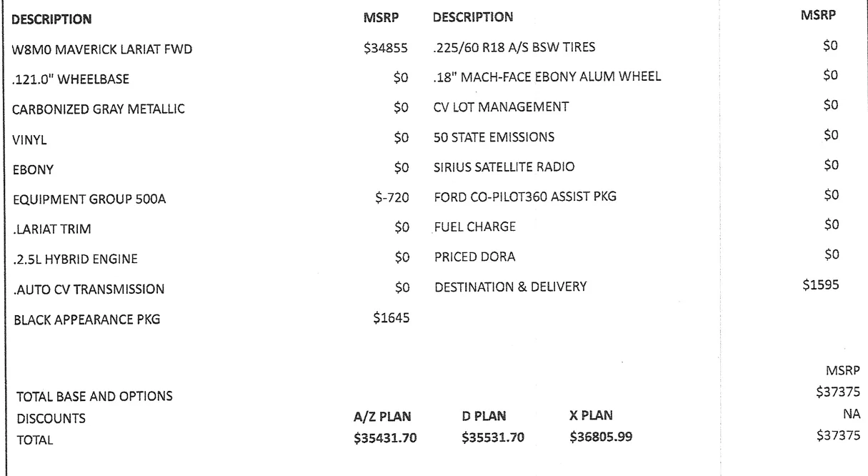 Ford Maverick X-plan not listed on window sticker 1704758058810
