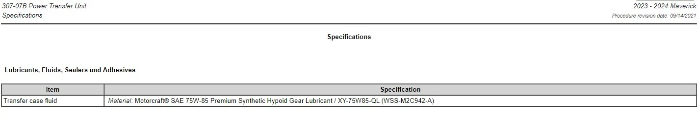 Ford Maverick Tremor PTU & RDU Fluid specs from Ford Maverick PTU Spec