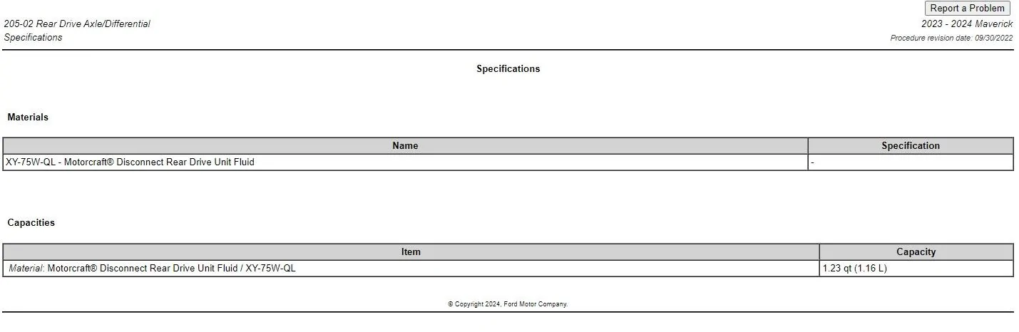 Ford Maverick Tremor PTU & RDU Fluid specs from Ford Maverick RDU Fill