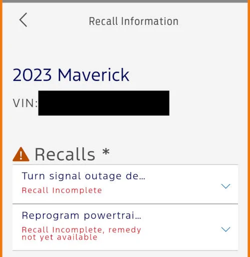 Ford Maverick Recalls list in FordPass app? FordPass Recalls_Jan 2024