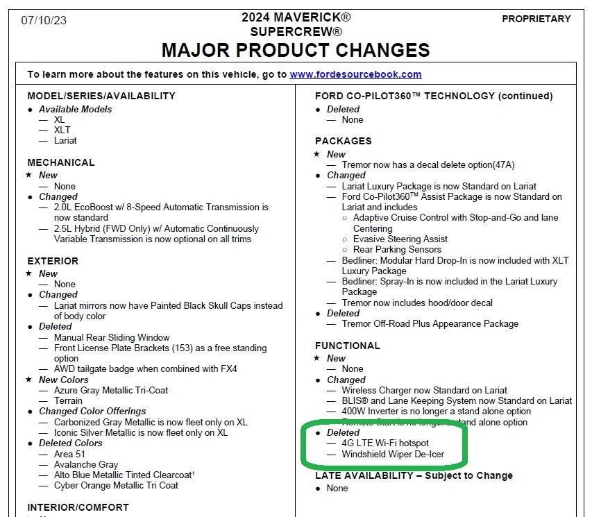 Ford Maverick DID Ford remove the heated windshield wipers on the 2024 Lariat? 24 Mav changes
