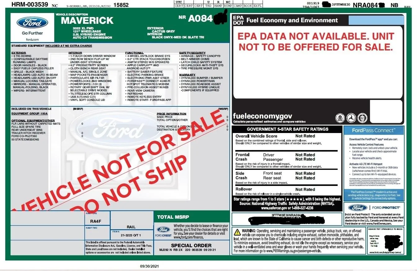 Ford Maverick Any hybrid orders with updated window stickers? stkrblk