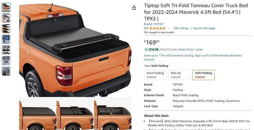 Ford Maverick Best Soft Tri-Fold Bed Cover?  Looking for Experience/Advice Soft Top Captur