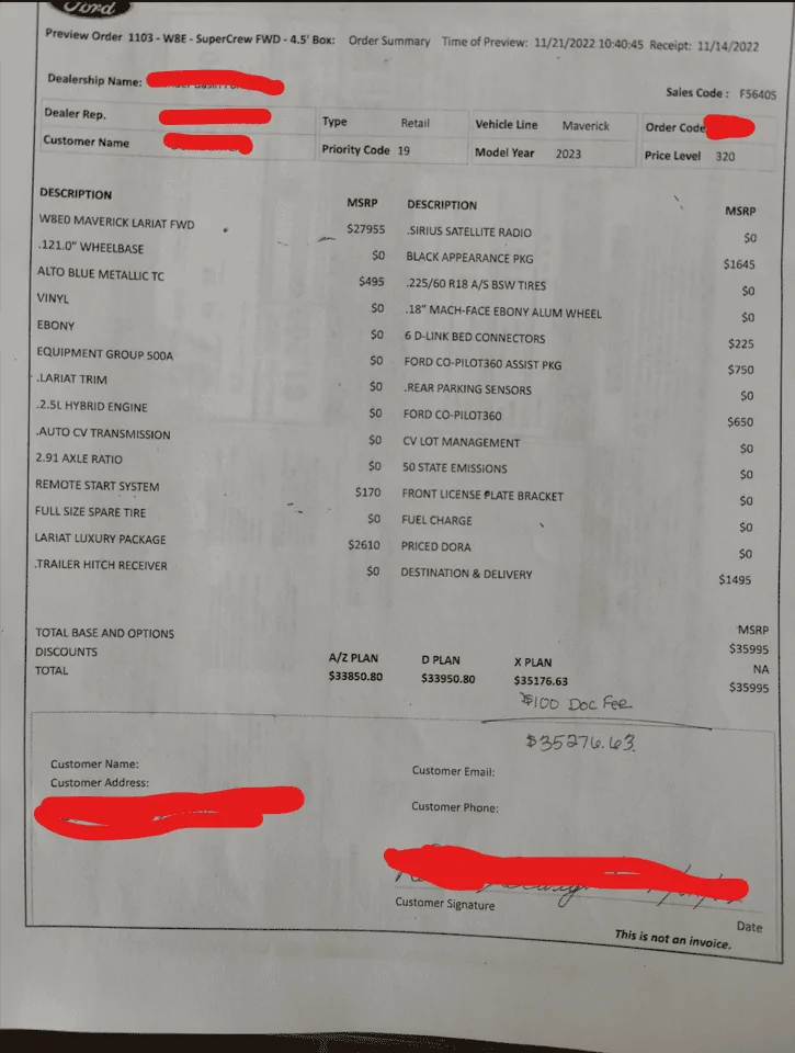 Ford Maverick Fees explanation on DORA 1706457117486