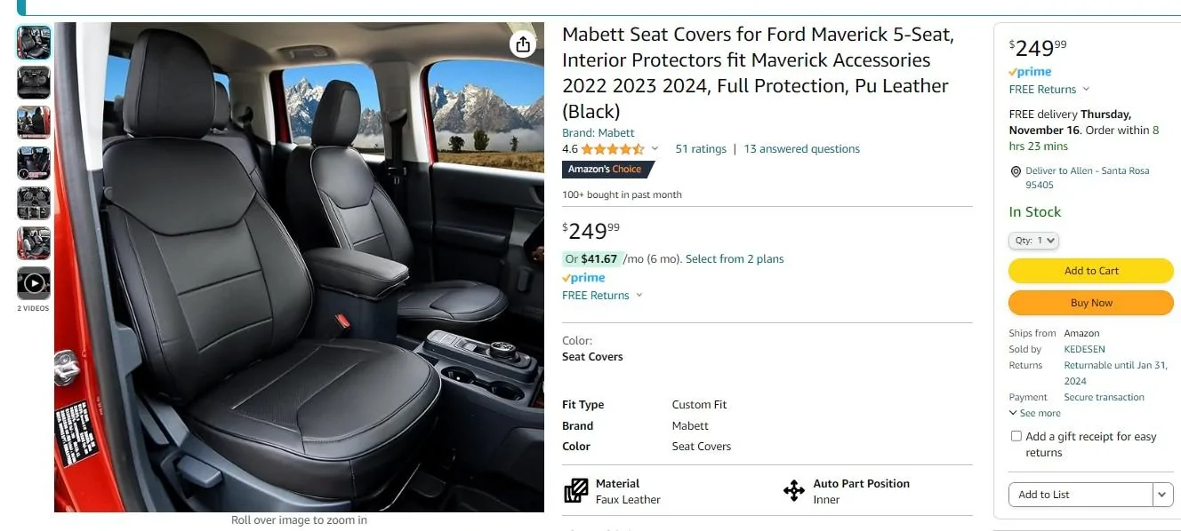 Ford Maverick Seat cover choices and fits: Amazon sit