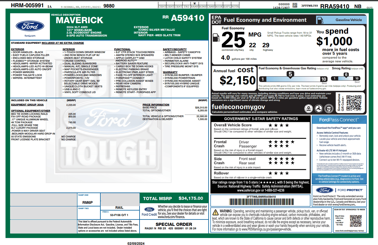 Ford Maverick Mav XLT EB is built and shipped. Passing if anyone wants it. WindowSticker