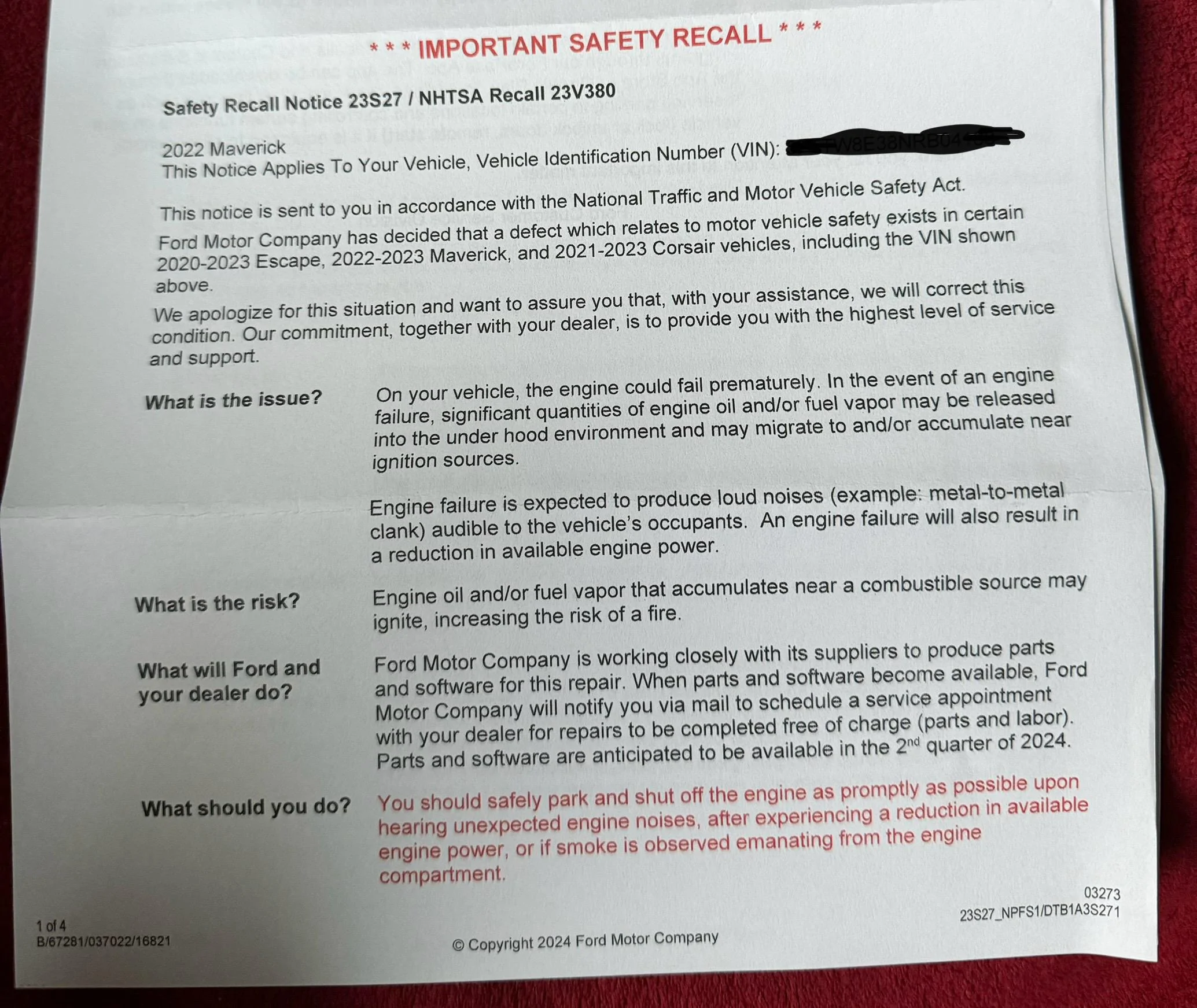 Ford Maverick Ford Maverick Hybrid Engine Failure/Fire Update Recall Letter (Received 2/12/24) IMG_5261