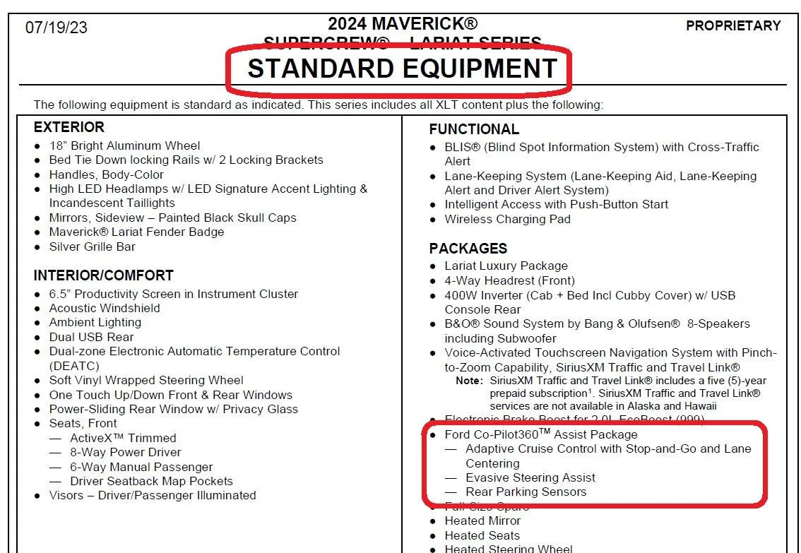 Ford Maverick ACC now included w/ 2024 Lariat standard 2024 Maverick Lariat std equi