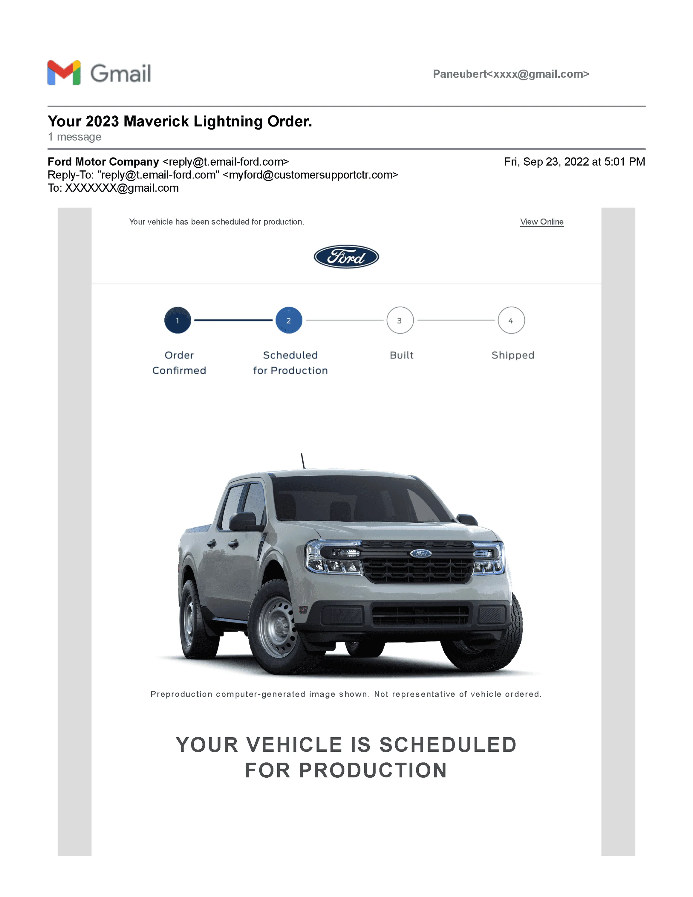 Ford Maverick FB user claims his Maverick was made in Rouge Plant Gmail - Your 2024 Maverick Lightning Order_Page_1