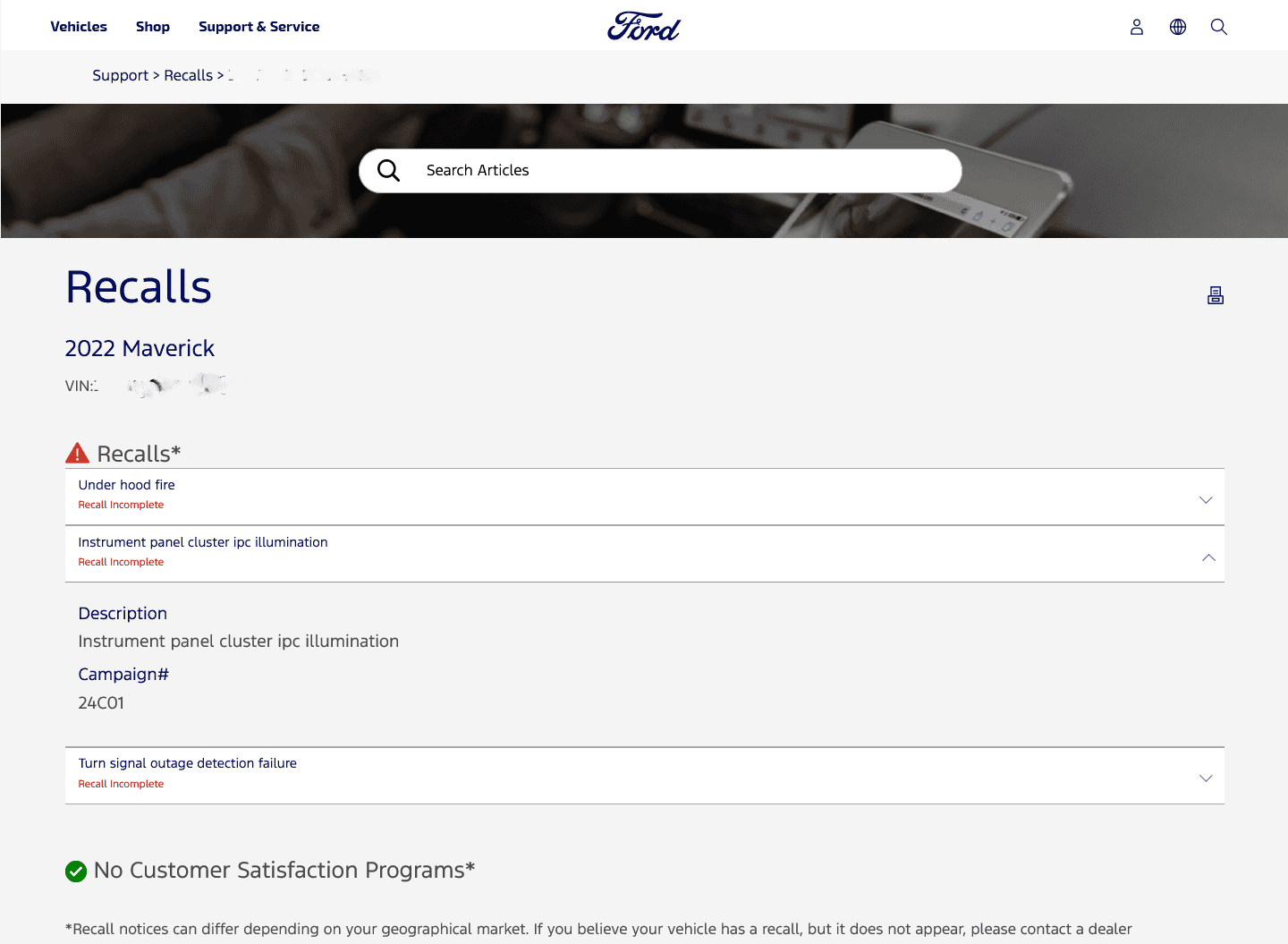Ford Maverick Recall: Instrument Panel Cluster IPC illumination Campaign #24C01 Screenshot 2024-02-26 at 19-45-26 Ford Recalls Ford Owner Support