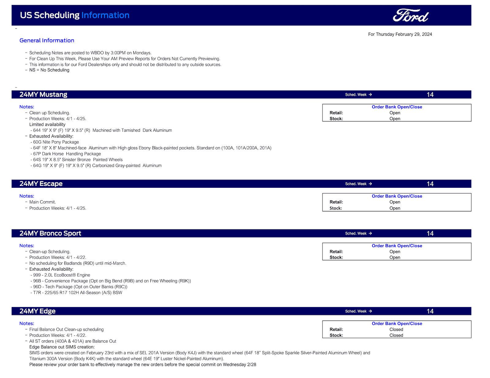 Ford Maverick 2024 Maverick Clean-up Scheduling This Week (2/29/24) for Production Weeks 4/1 - 4/22 Ford Scheduling Notes - 2.26.24-1