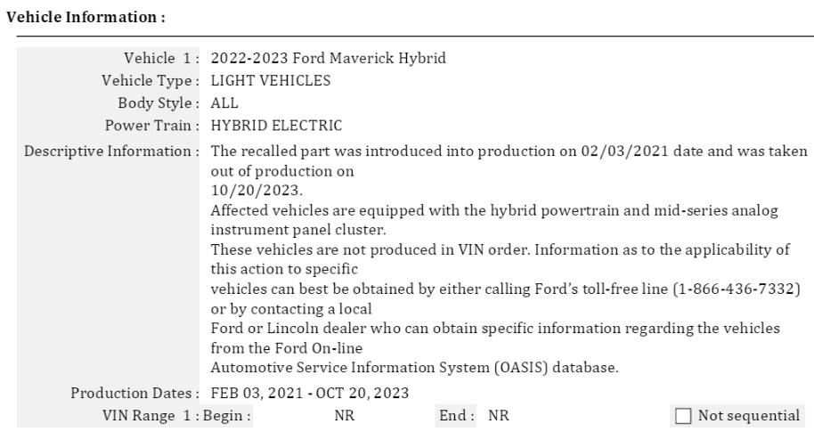 Ford Maverick Recall #24C01 - Instrument Panel Cluster IPC Illumination - 2/26/2024 1709138768613