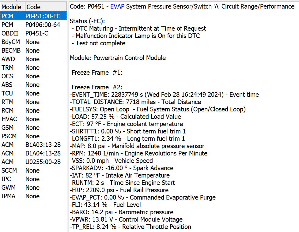 Ford Maverick Service Engine Soon Warning - Evaporate Emissions System (P0451 and P0496) 1709170347288