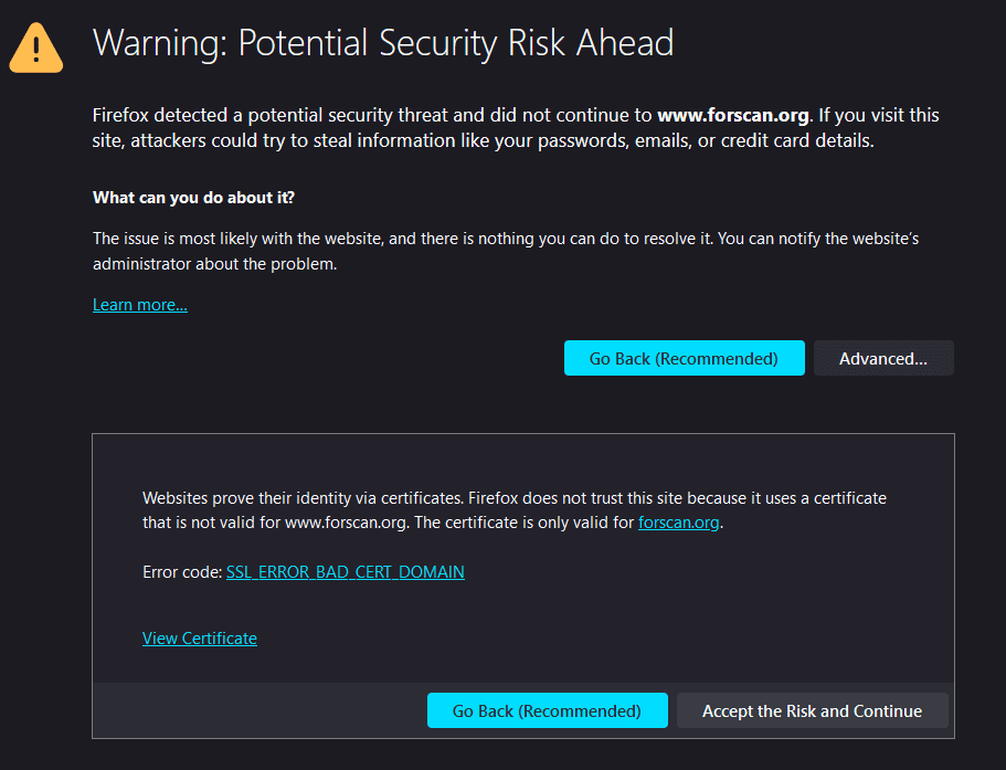Ford Maverick FORScan website is getting SSL_ERROR_BAD_CERT_DOMAIN error. 1709907432104