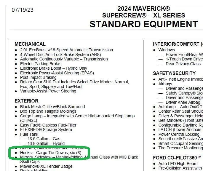 Ford Maverick Location 6x bed tie-down in 2024 XL bed hooks