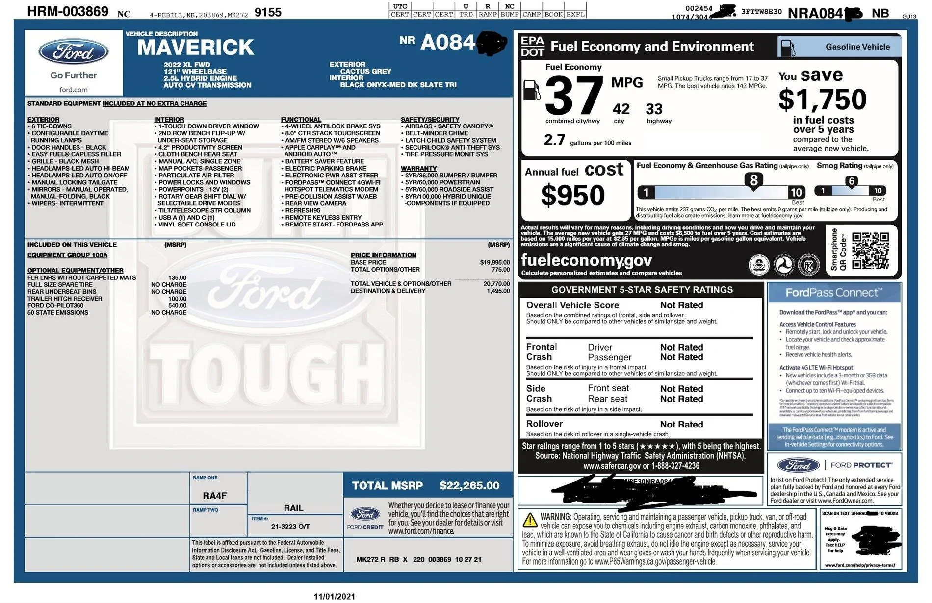 Ford Maverick Hybrid Orders - check your windows sticker! Mine has MPG figures and EPA hold message removed windowstickerBluBlk