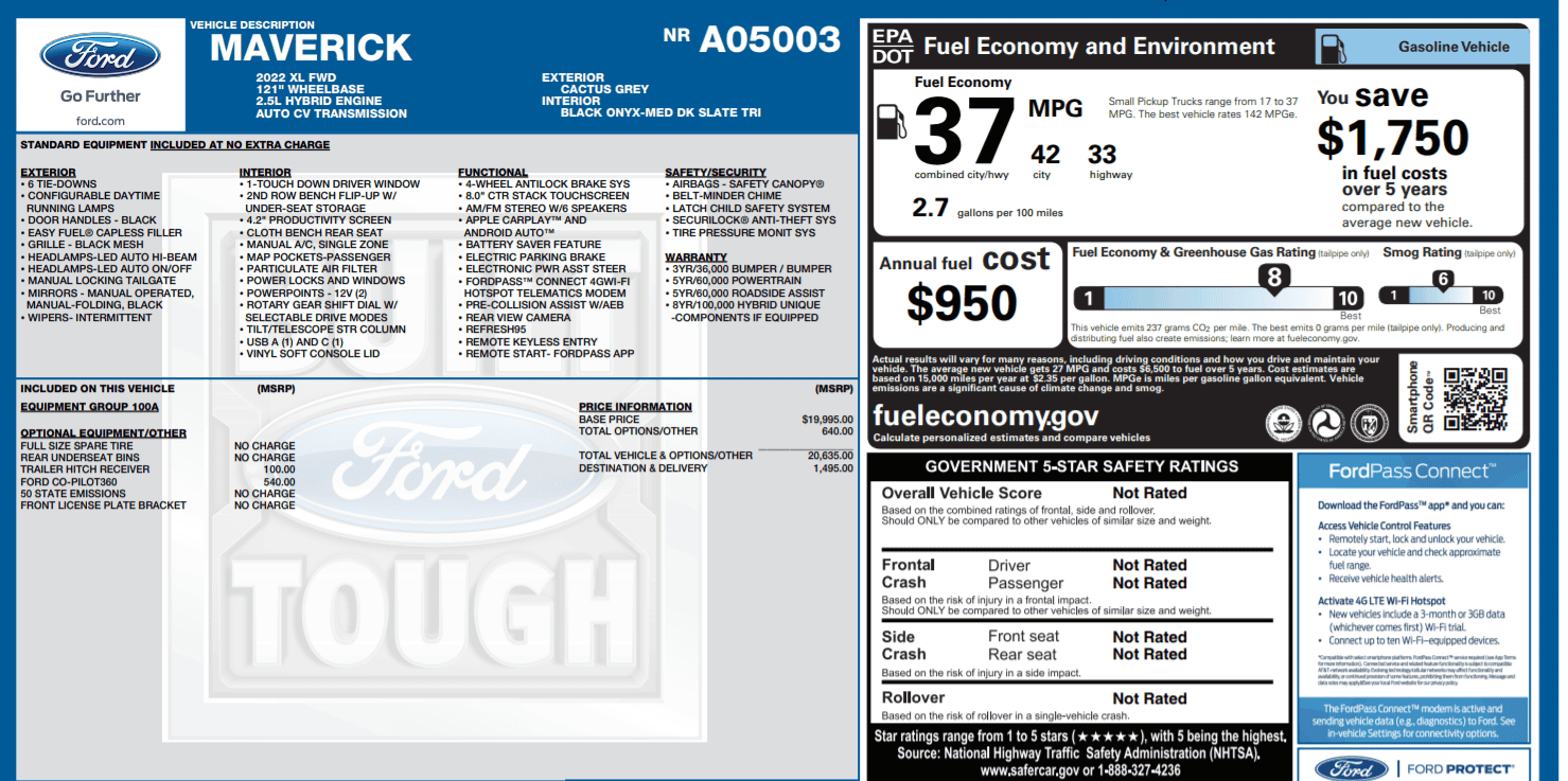 Ford Maverick Any hybrid orders with updated window stickers? sticker - fmxl