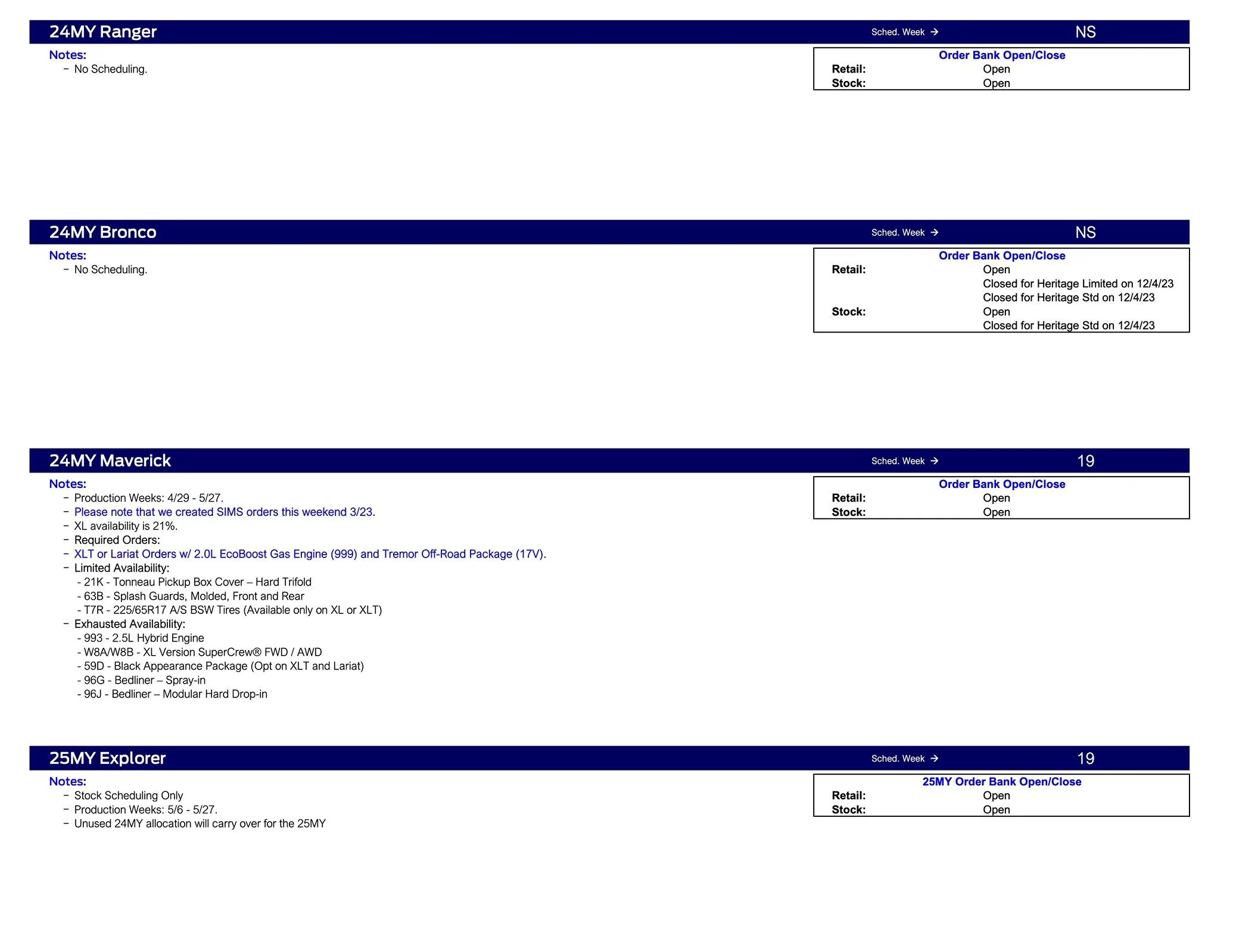 Ford Maverick 2024 Maverick Scheduling This Week (3/28/24) for Production Weeks 4/29 - 5/27 Ford Scheduling Notes - 3.25.24-2