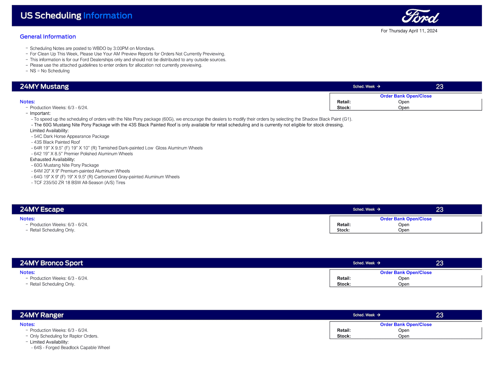 Ford Maverick 2024 Maverick Retail Scheduling This Week (4/11/24) for Production Weeks 6/3 - 6/24 Ford Scheduling Notes - 4.8.24 -1