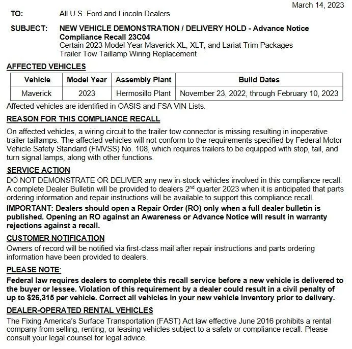 Ford Maverick Trailer hitch problems 2023 recall notice 3-14-23