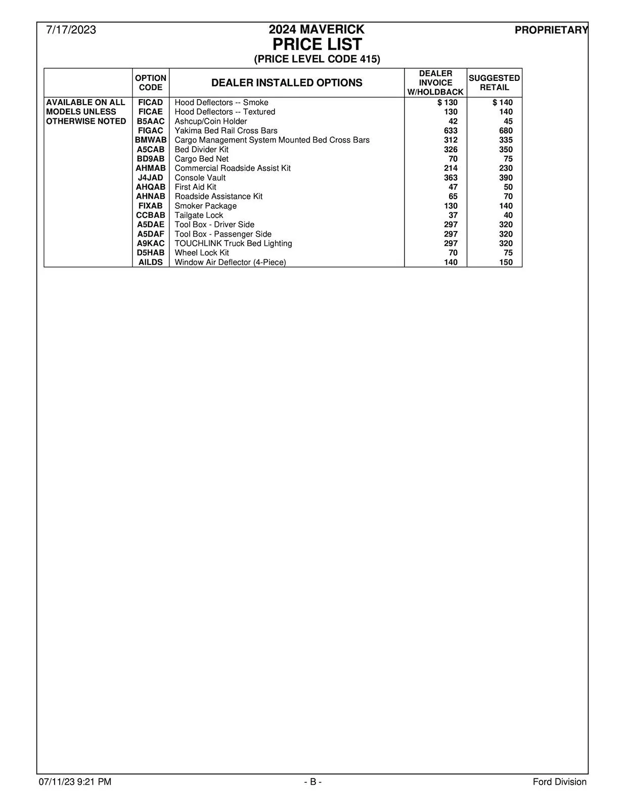 Ford Maverick Any Dealers honor X-Plan on Maverick? 2024MY Maverick P758 PL415 Price List-2 (1)