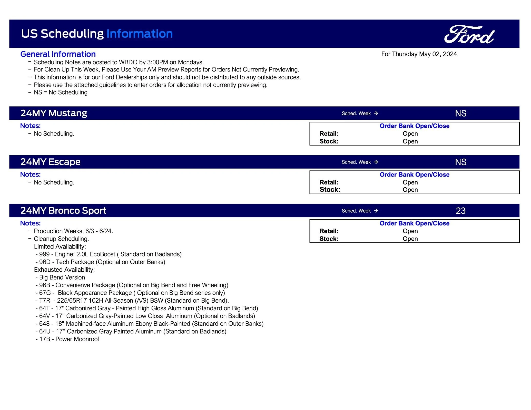 Ford Maverick 2024 Maverick Scheduling This Week (5/2/24) for Production Weeks 6/3 - 6/24 Ford Scheduling Notes - 4.29.24-1