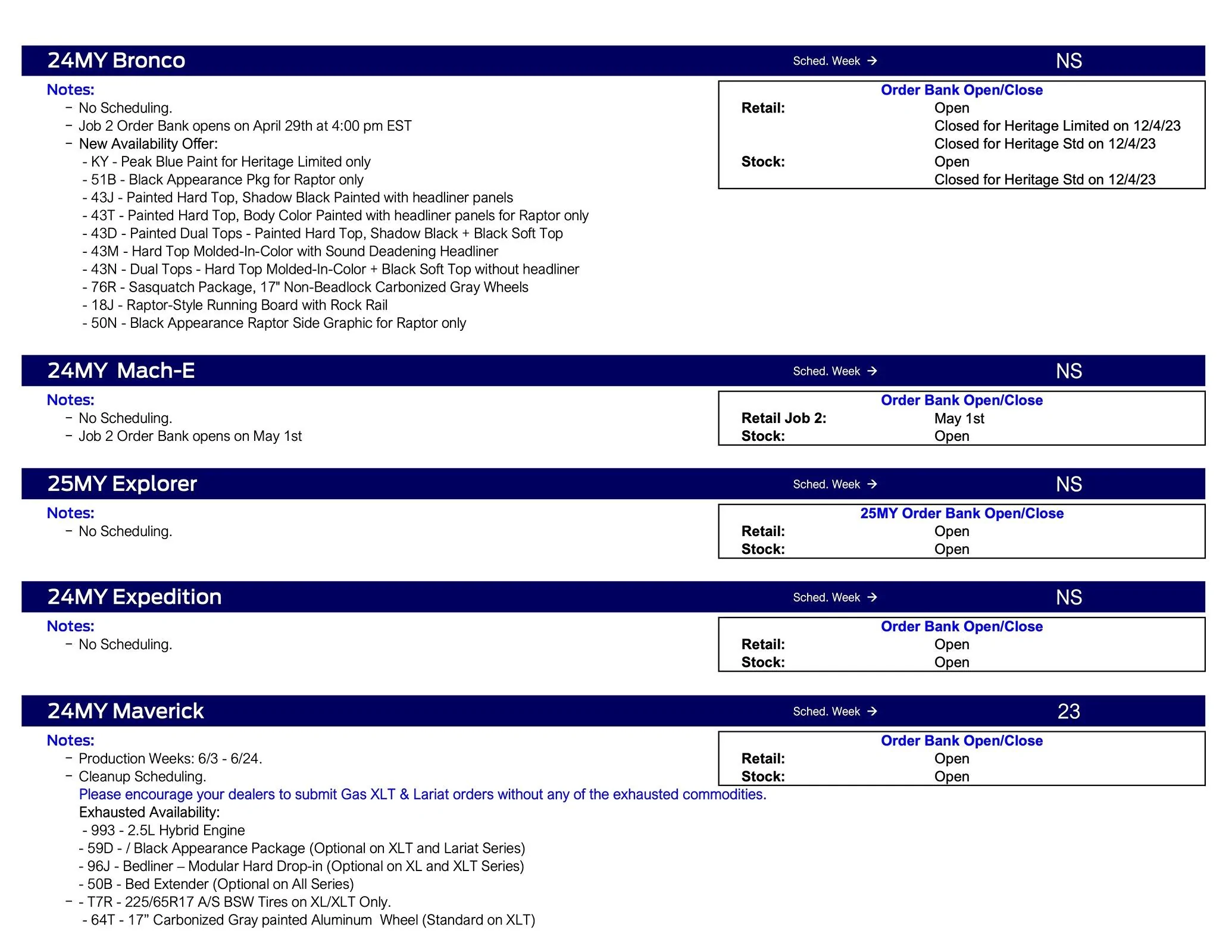 Ford Maverick 2024 Maverick Scheduling This Week (5/2/24) for Production Weeks 6/3 - 6/24 Ford Scheduling Notes - 4.29.24-2