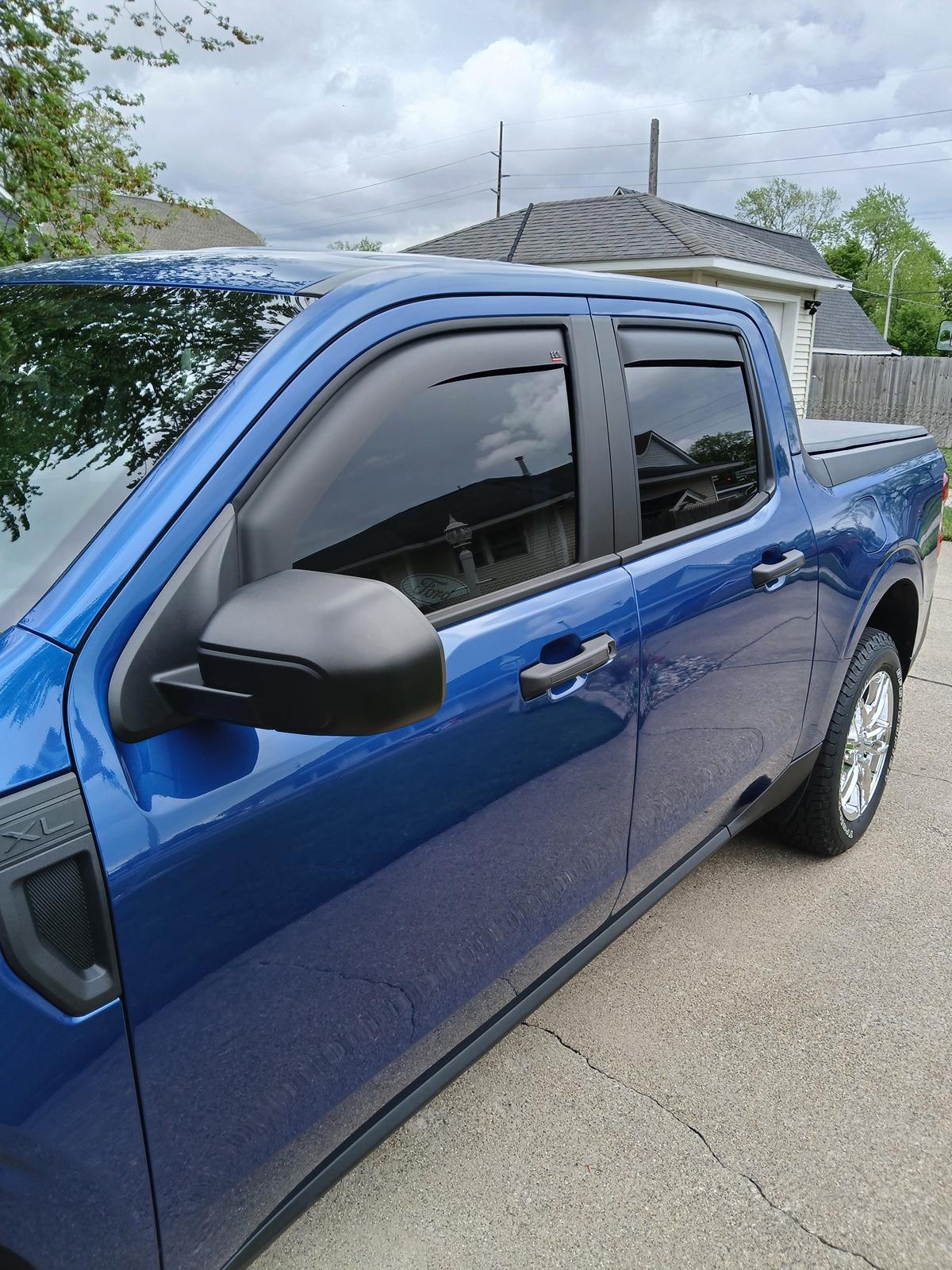 Ford Maverick EGR matte black in channel window visors installed 20240429_143501