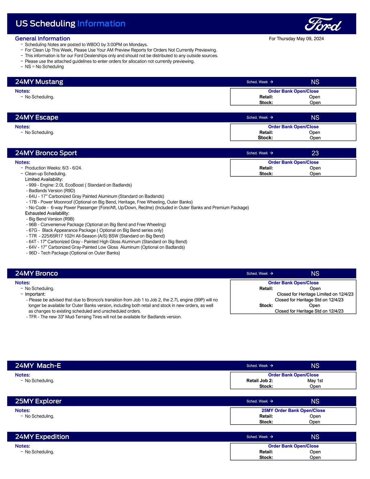 Ford Maverick 2024 Maverick Clean-up Scheduling This Week (5/9/24) for Production Weeks 6/3 - 6/24 Ford Scheduling Notes - 5.6.24-1