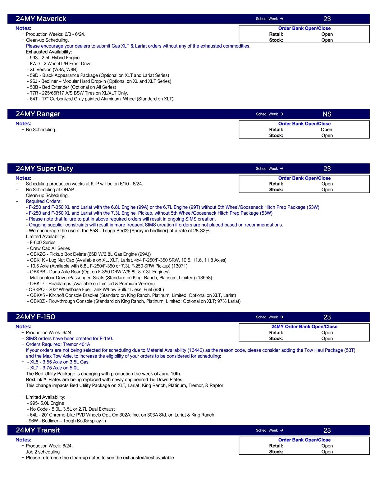 Ford Maverick 2024 Maverick Clean-up Scheduling This Week (5/9/24) for Production Weeks 6/3 - 6/24 Ford Scheduling Notes - 5.6.24-2