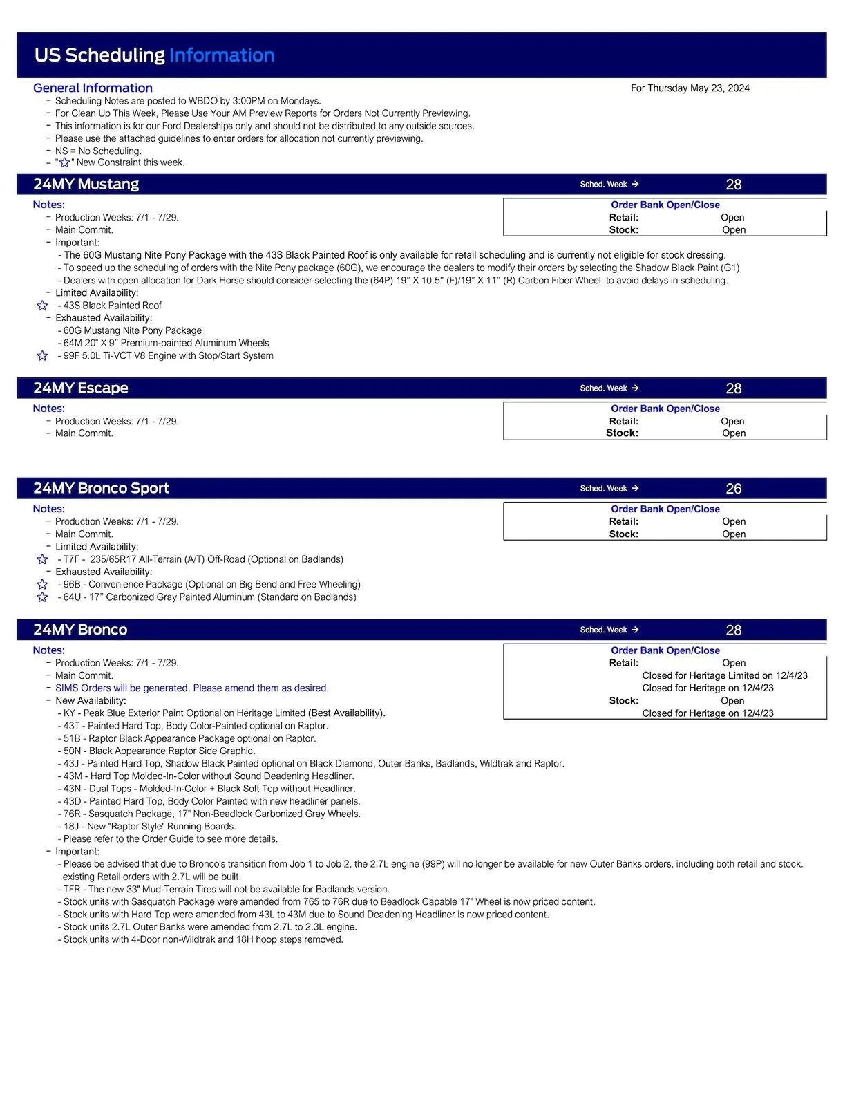 Ford Maverick 2024 Maverick Scheduling This Week (5/23/24) for Production Weeks 7/1 - 7/29 US Ford Scheduling Notes - 5.20.24-1