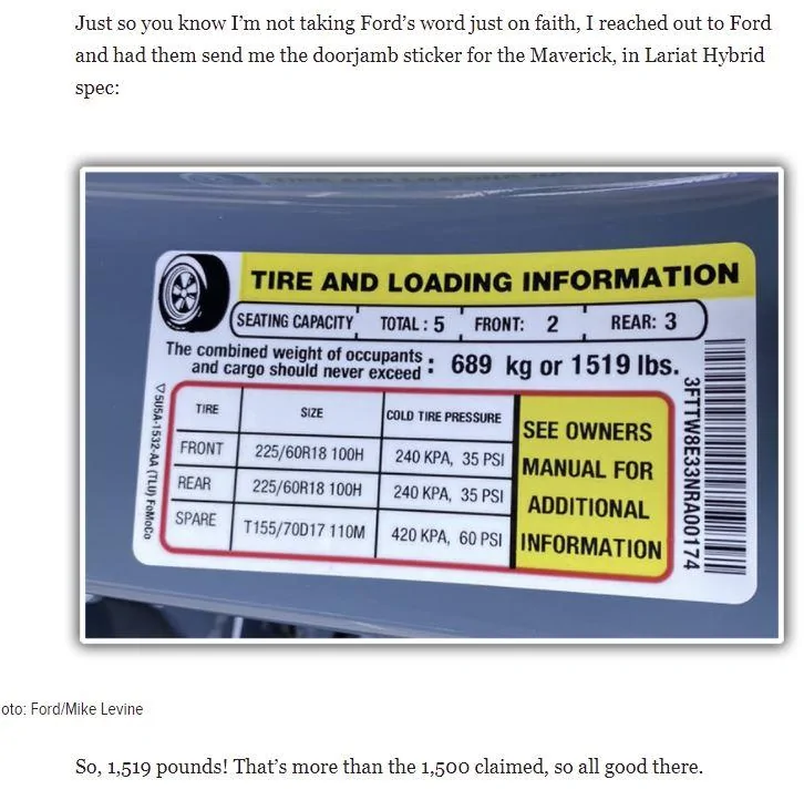 Ford Maverick Post your Payload Label Stickers Here Hybrid Lariat 1519