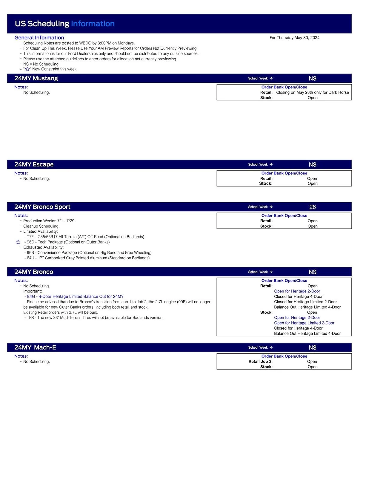 Ford Maverick 2024 Maverick Scheduling This Week (5/30/24) for Production Weeks 7/1 - 7/29 US Ford Scheduling Notes - 5.28.24-1