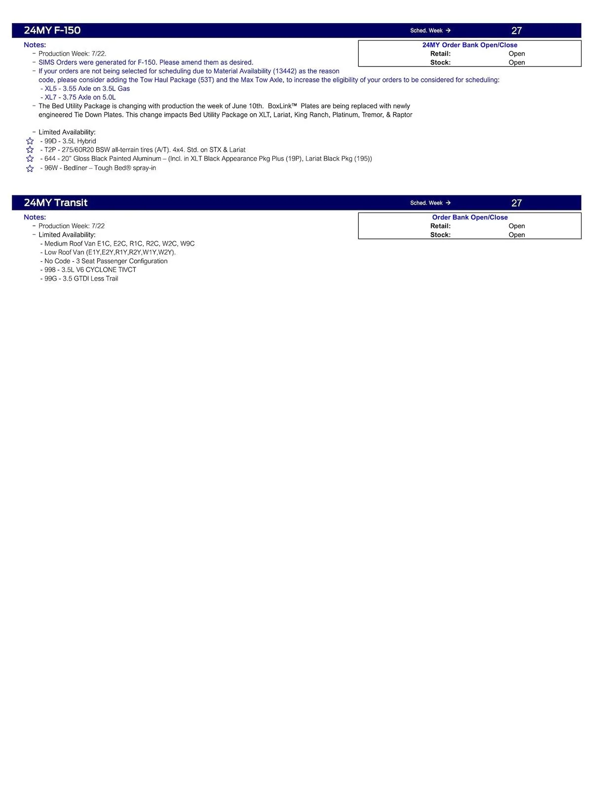 Ford Maverick 2024 Maverick Scheduling This Week (5/30/24) for Production Weeks 7/1 - 7/29 US Ford Scheduling Notes - 5.28.24-3