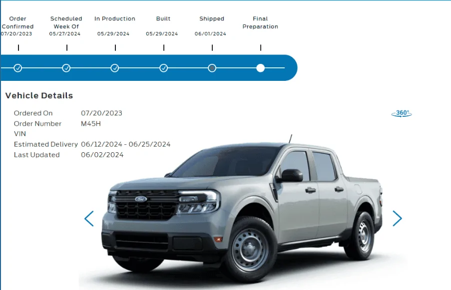Ford Maverick My order is built awaiting shipment Screenshot 2024-06-03 081256