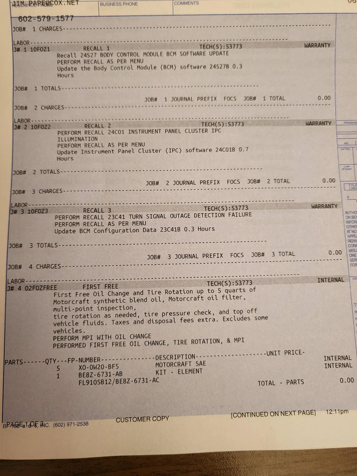 Ford Maverick 3 Recalls done and 1st Oil Change today 20240604_132951