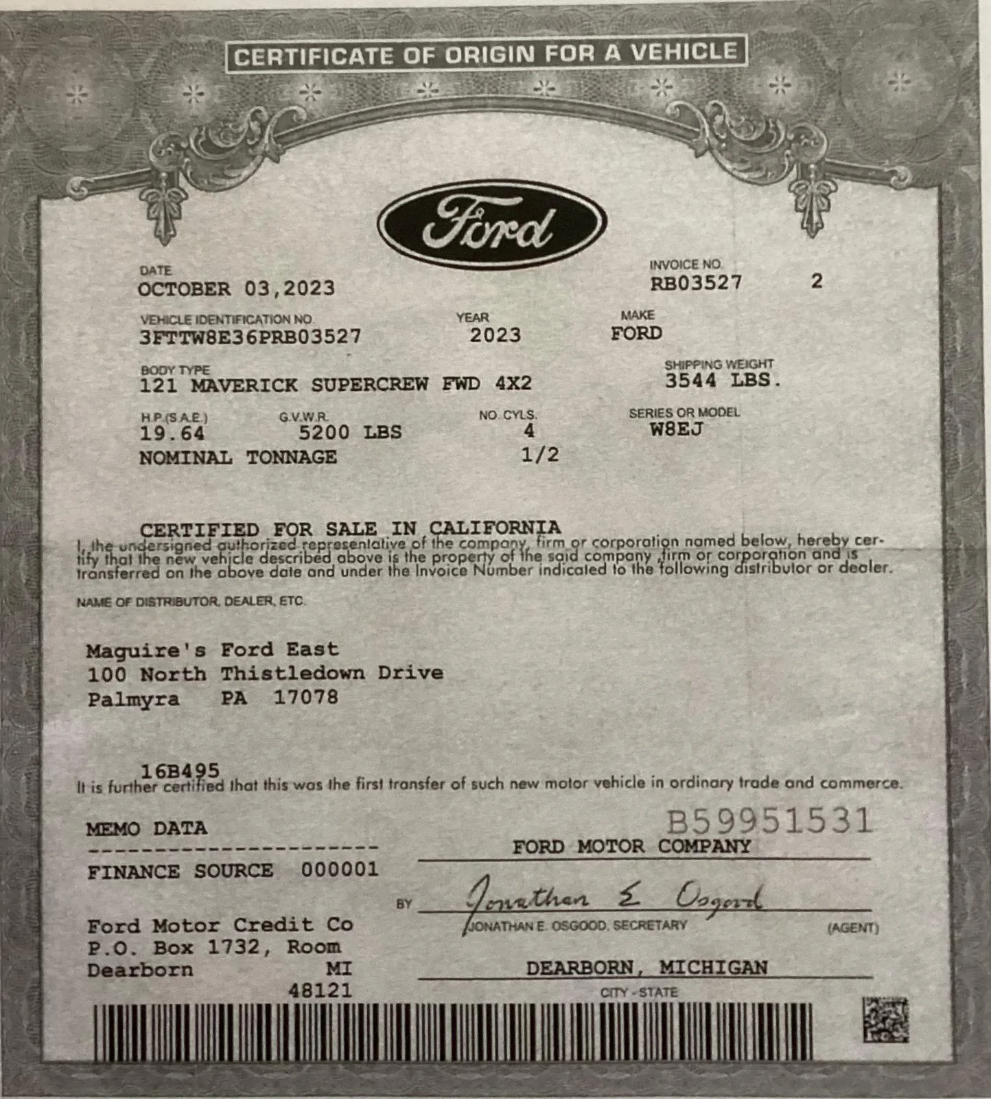 Certificate of Origin / MSO and other questions | MaverickTruckClub ...