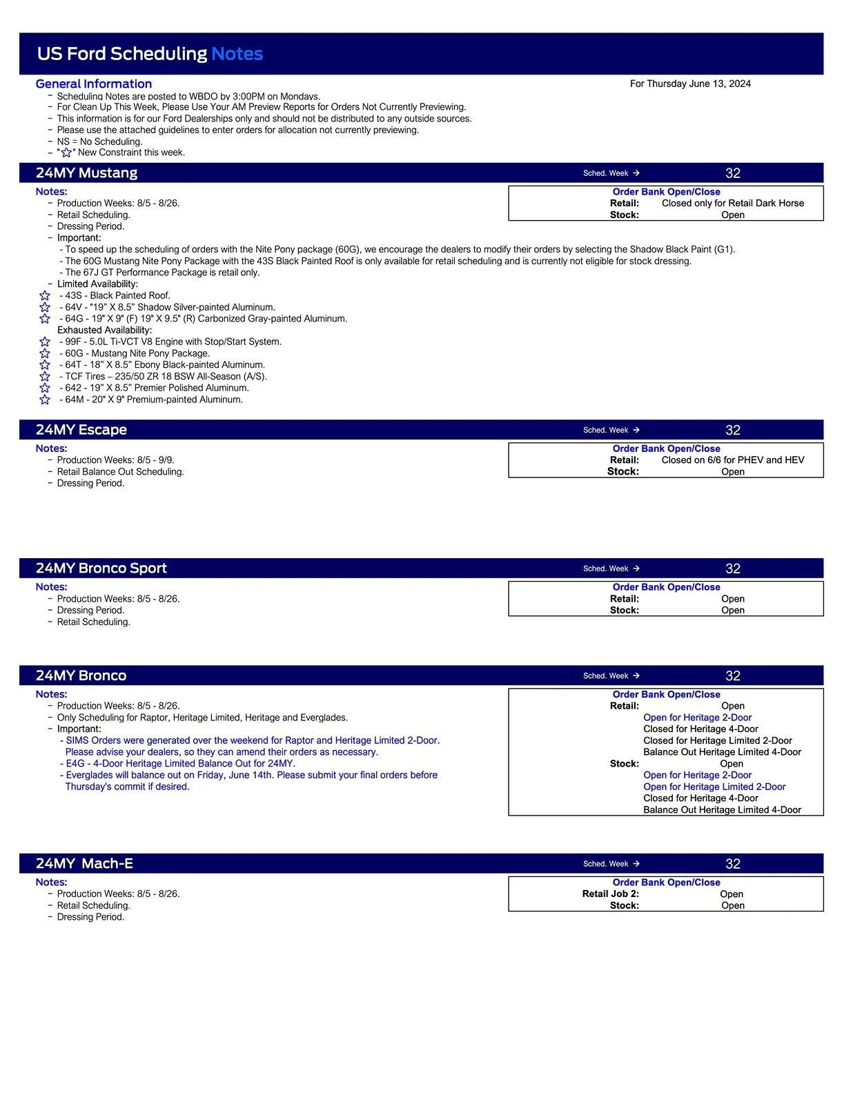Ford Maverick 2024 Maverick Scheduling This Week (6/13/24) for Production Weeks 8/5- 8/26 US Ford Scheduling Notes - 6.10.24-1