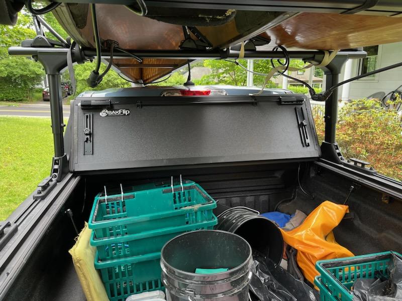 Ford Maverick Elevate Kayak Rack and BAKFlip MX4 Tonneau cover installed full open