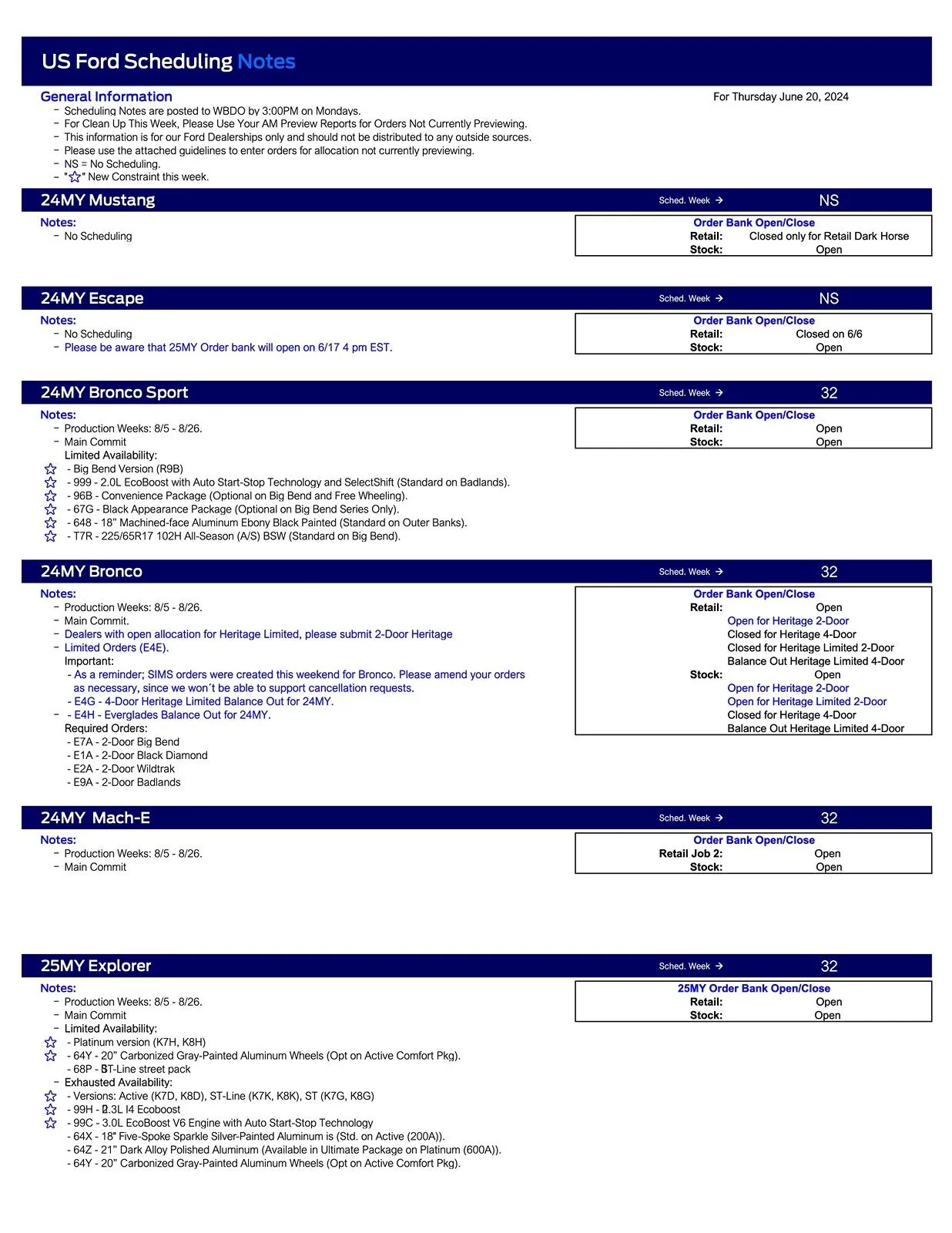 Ford Maverick 2024 Maverick Scheduling This Week (6/20/24) for Production Weeks 8/5 - 8/26 US Ford Scheduling Notes - 6.17.24-1
