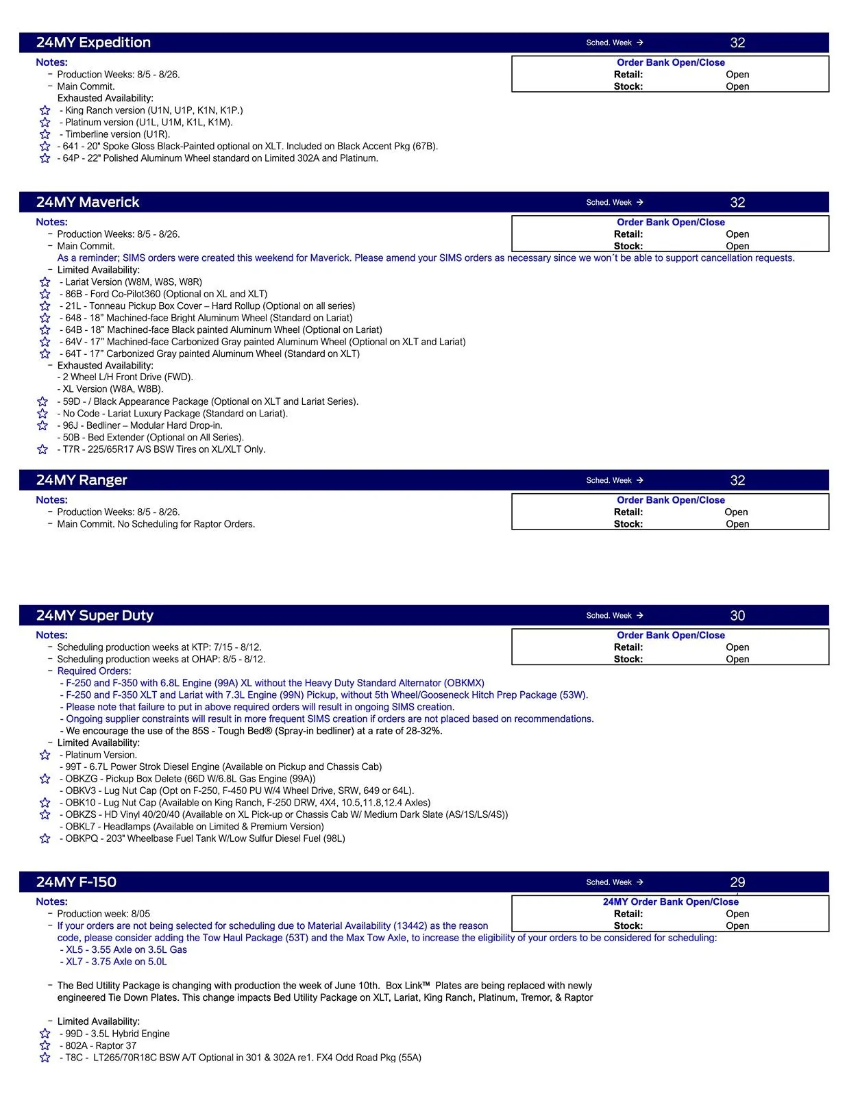 Ford Maverick 2024 Maverick Scheduling This Week (6/20/24) for Production Weeks 8/5 - 8/26 US Ford Scheduling Notes - 6.17.24-2