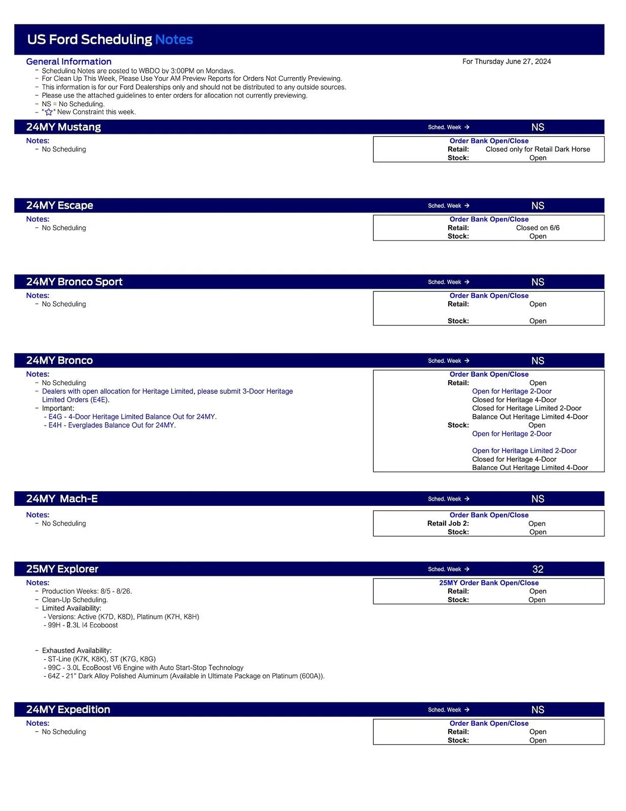 Ford Maverick 2024 Maverick Scheduling This Week (6/27/24) for Production Weeks 8/5 - 8/26 US Ford Scheduling Notes - 6.24.24-1