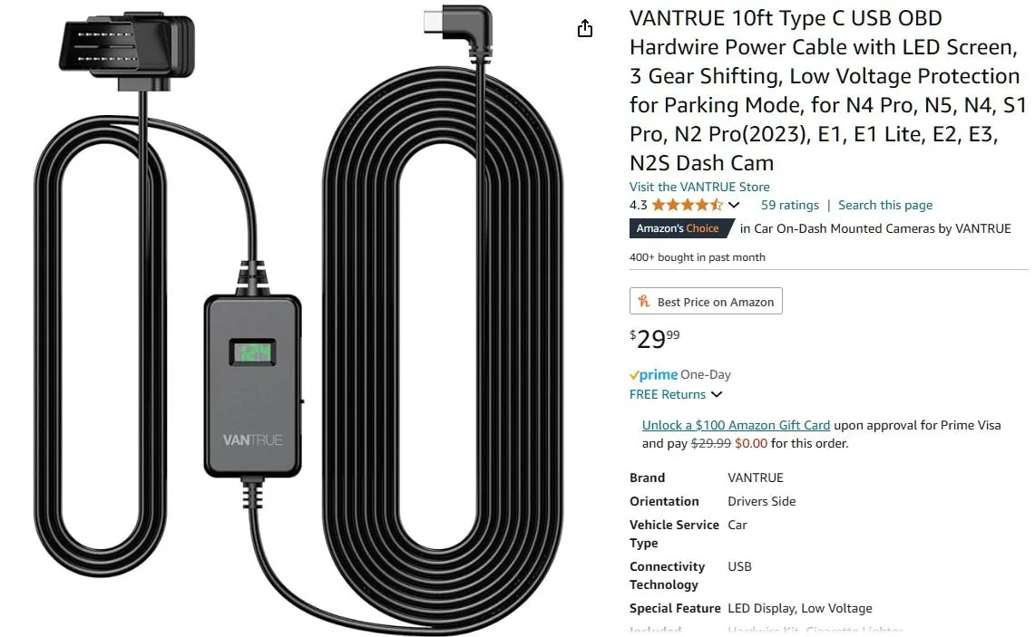Ford Maverick Found Better Dash Cam Hardwire Solution Vantrue OBD Cabl