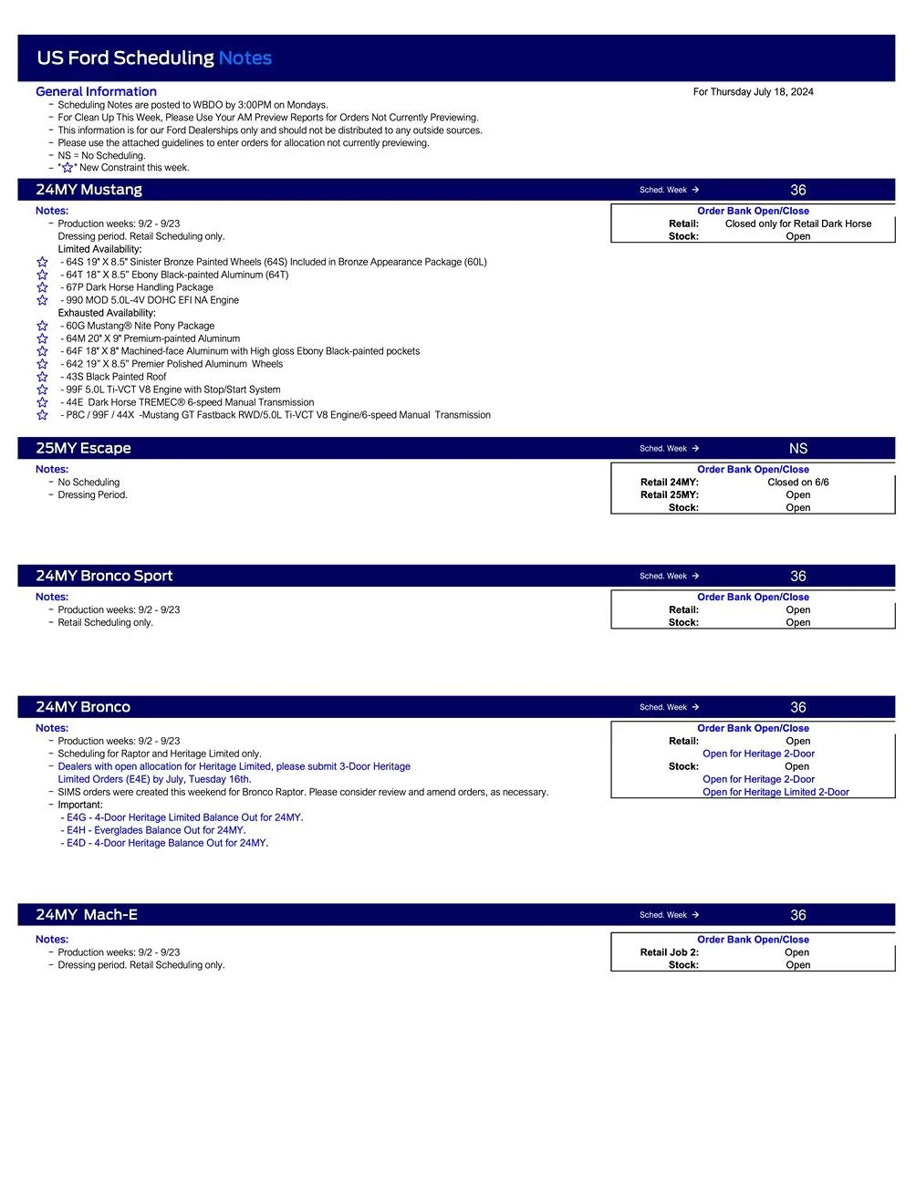 Ford Maverick 2024 Maverick Scheduling This Week (7/18/24) for Production Weeks 9/2 - 9/23 US Ford Scheduling Notes - 7.15.24-1
