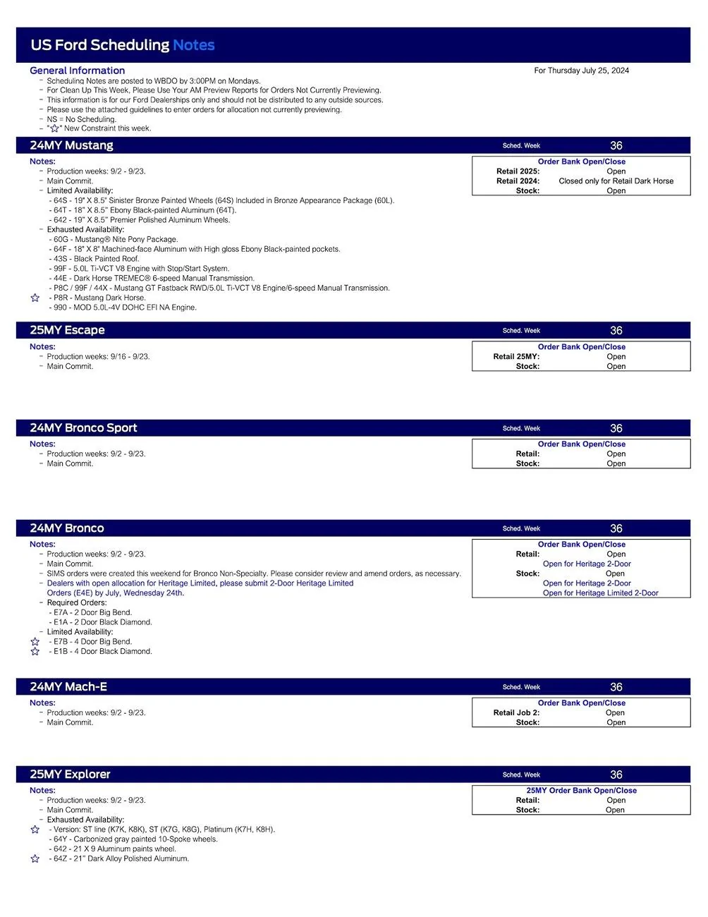 Ford Maverick 2024 Maverick Scheduling This Week (7/25/24) for Production Weeks 9/2 - 9/23 US Ford Scheduling Notes - 7.22.24-1